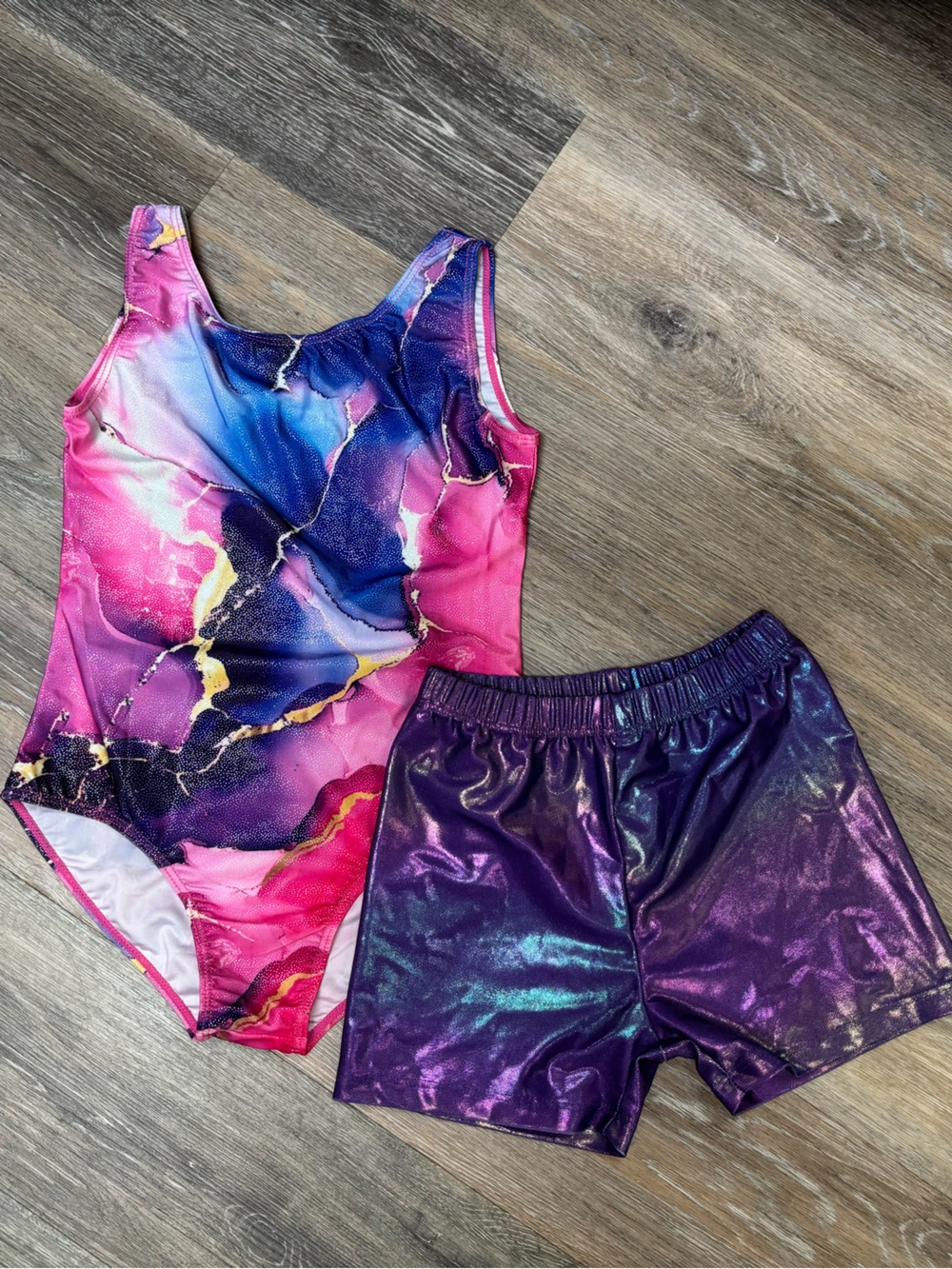 Girls Metallic Marble Dance Leotard & Shorts Set - Pink Purple
